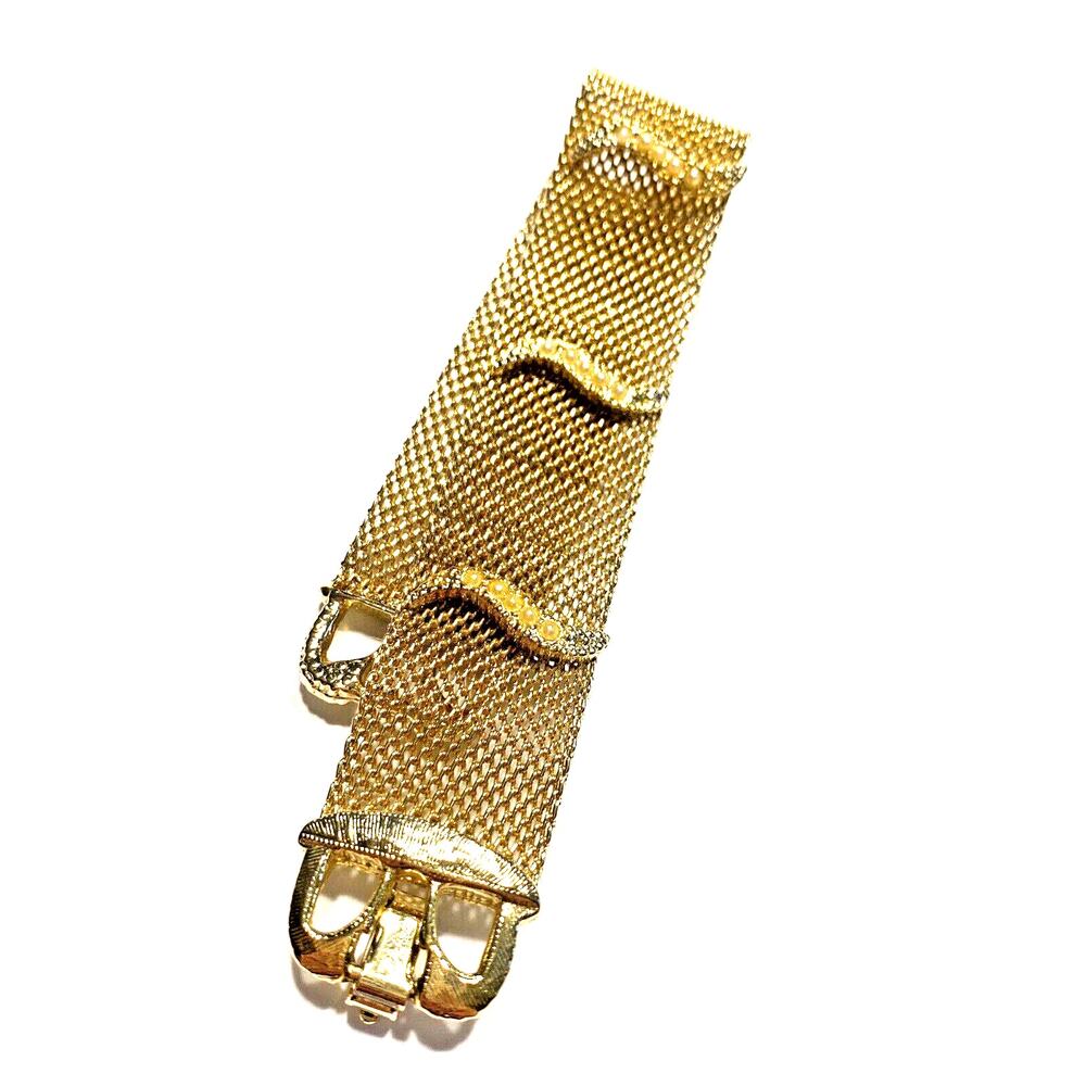 Vintage Goldette woven chain bracelet goldtone metal faux pearls Art Deco style